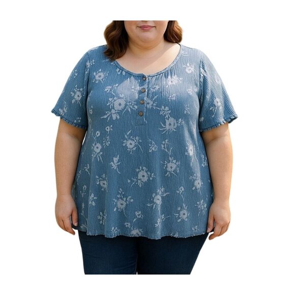 Catherines Plus Size Floral Blue Top Button Front Short Sleeve Size 3X (26/28W) - Picture 1 of 7
